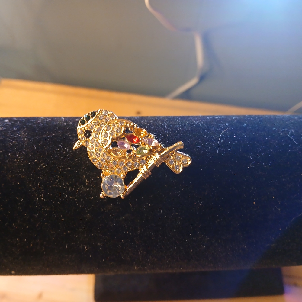 Gold Multicolor Crystal Bird Brooch